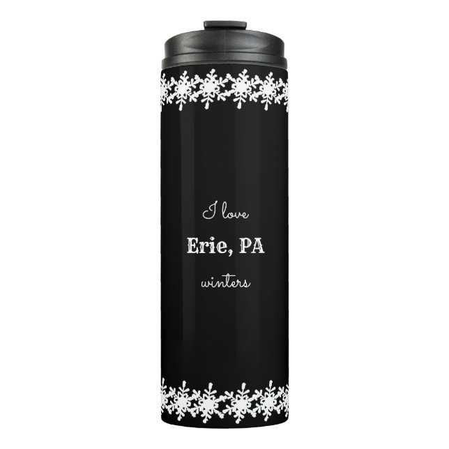 Black I Love Custom City Snowflake Pattern Thermal Tumbler (Front)