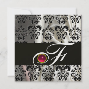 BLACK ICE SILK DAMASK CLOTH MONOGRAM PINK RUBY INVITATION