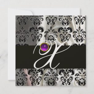 BLACK ICE SILK DAMASK MONOGRAM PURPLE AMETHYST INVITATION