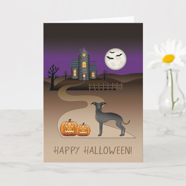 Black Iggy Cute Dog And Halloween Haunted House Card (Small Plant)