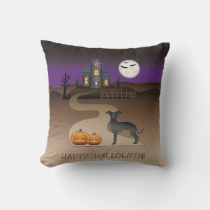 Black Iggy Cute Dog And Halloween Haunted House Cushion