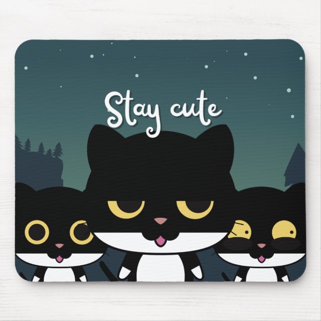 Black Illustration Cat Mouse Mat (Front)
