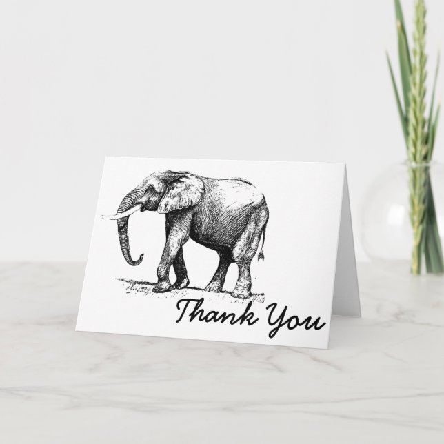 Black Illustration Of An Elephant Thank You Card (Front)