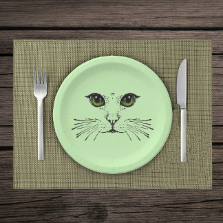 black Illustration of Cat Face Green Eyes Whiskers Paper Plate