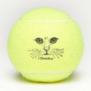 Black Illustration of Face of Cat Green eyes Tennis Balls