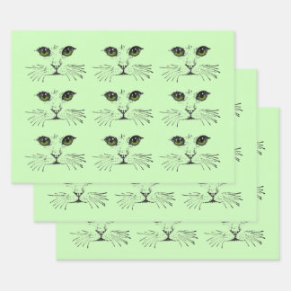 Black Illustrations Cat Faces Green Eyes Whiskers Wrapping Paper Sheet