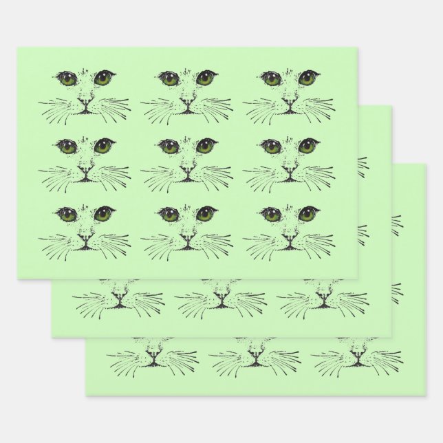 Black Illustrations Cat Faces Green Eyes Whiskers Wrapping Paper Sheet (Set)
