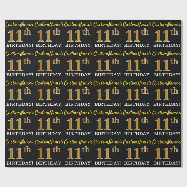 Black, Imitation Gold "11th BIRTHDAY" Wrapping Paper (Flat)