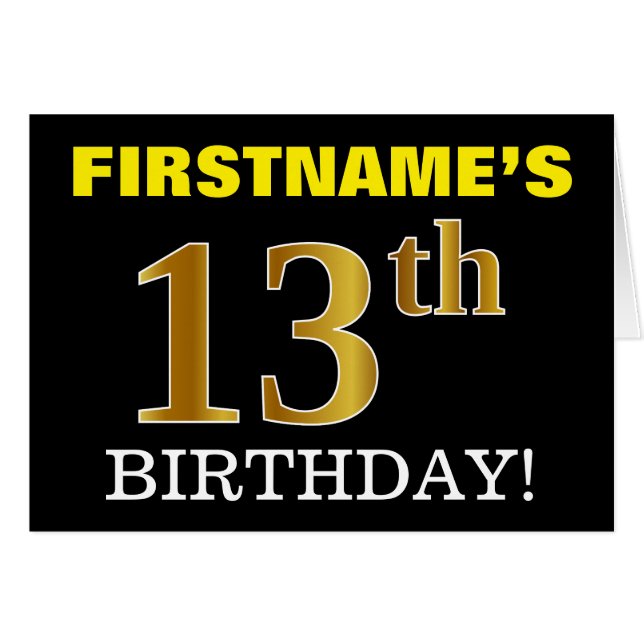 Black, Imitation Gold "13th BIRTHDAY" Card (Front Horizontal)