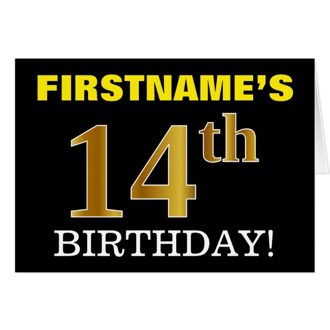 Black, Imitation Gold "14th BIRTHDAY" Card (Front Horizontal)