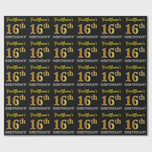 Black, Imitation Gold "16th BIRTHDAY" Wrapping Paper