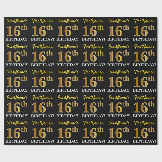 Black, Imitation Gold "16th BIRTHDAY" Wrapping Paper (Flat)