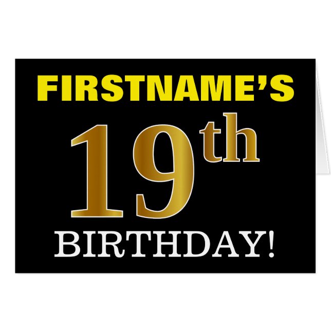 Black, Imitation Gold "19th BIRTHDAY" Card (Front Horizontal)