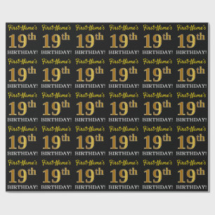 Black, Imitation Gold "19th BIRTHDAY" Wrapping Paper