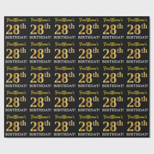 Black, Imitation Gold "28th BIRTHDAY" Wrapping Paper (Flat)