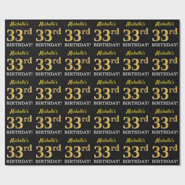 Black, Imitation Gold "33rd BIRTHDAY" Wrapping Paper (Flat)