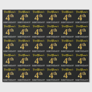 Black, Imitation Gold "4th BIRTHDAY" Wrapping Paper