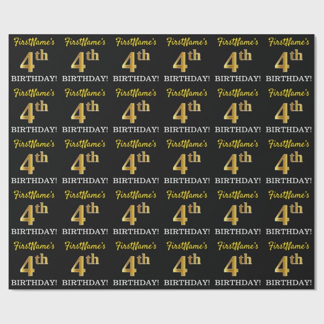 Black, Imitation Gold "4th BIRTHDAY" Wrapping Paper (Flat)