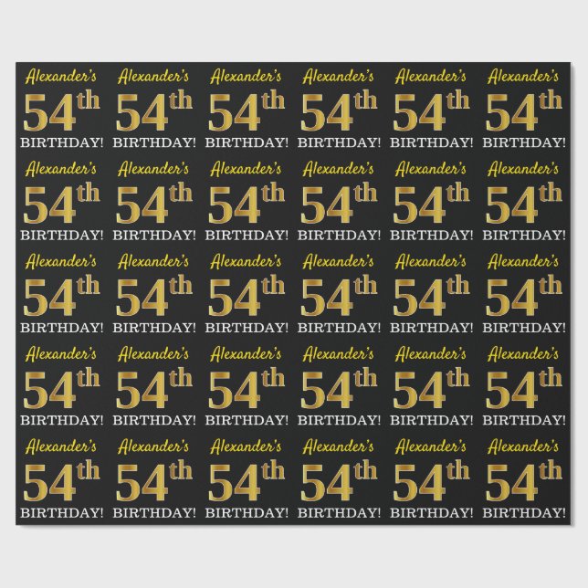 Black, Imitation Gold "54th BIRTHDAY" Wrapping Paper (Flat)