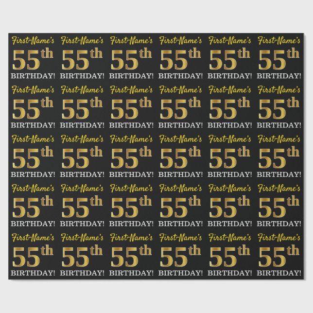Black, Imitation Gold "55th BIRTHDAY" Wrapping Paper (Flat)