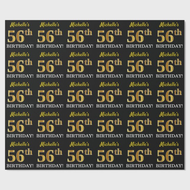 Black, Imitation Gold "56th BIRTHDAY" Wrapping Paper (Flat)