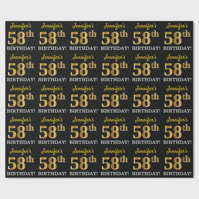 Black, Imitation Gold "58th BIRTHDAY" Wrapping Paper (Flat)