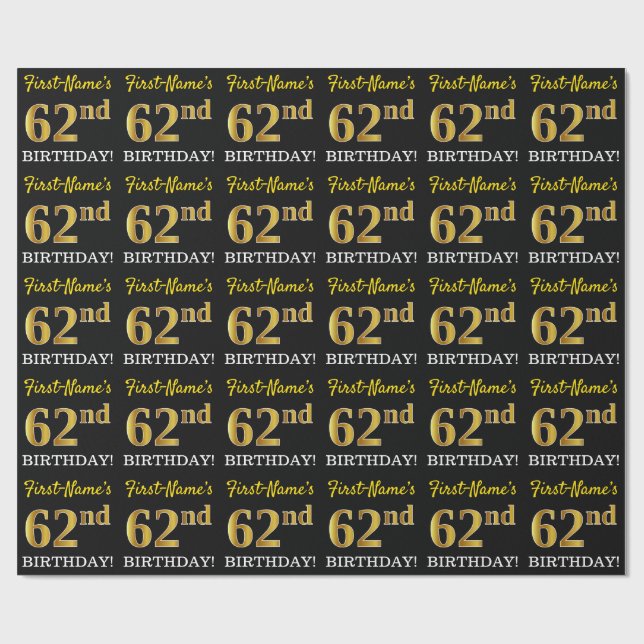Black, Imitation Gold "62nd BIRTHDAY" Wrapping Paper (Flat)