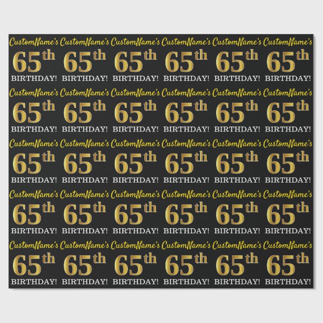 Black, Imitation Gold "65th BIRTHDAY" Wrapping Paper (Flat)
