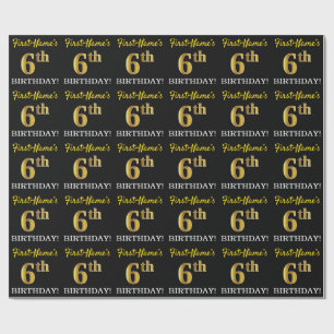 Black, Imitation Gold "6th BIRTHDAY" Wrapping Paper