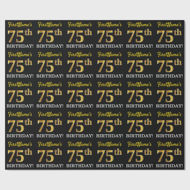 Black, Imitation Gold "75th BIRTHDAY" Wrapping Paper (Flat)