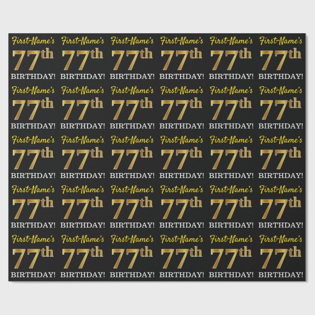 Black, Imitation Gold "77th BIRTHDAY" Wrapping Paper (Flat)