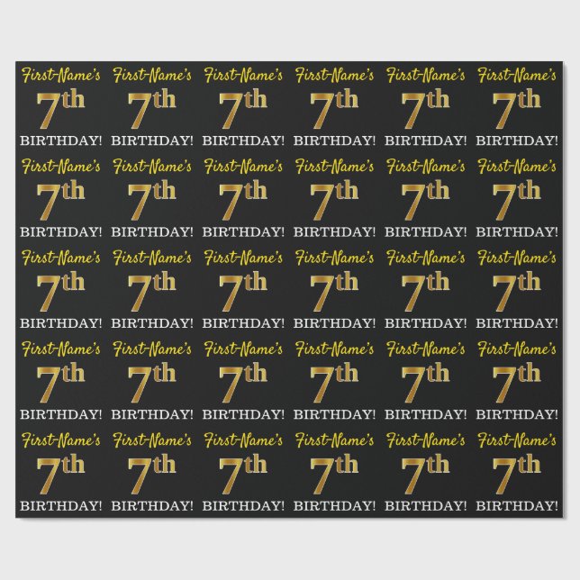 Black, Imitation Gold "7th BIRTHDAY" Wrapping Paper (Flat)