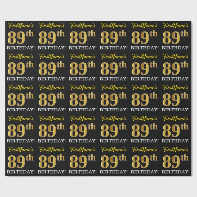 Black, Imitation Gold "89th BIRTHDAY" Wrapping Paper (Flat)