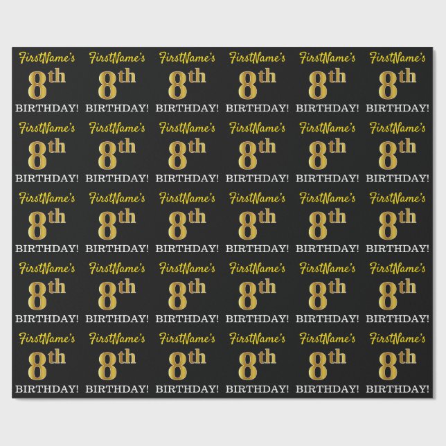 Black, Imitation Gold "8th BIRTHDAY" Wrapping Paper (Flat)