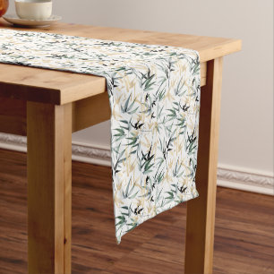 Black Indigo and Green Narrow Leaves Pattern Medium Table Runner