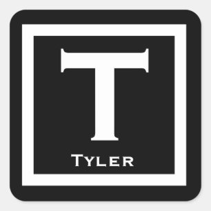 Black Initial Name Kids Boy Party Back to School Square Sticker