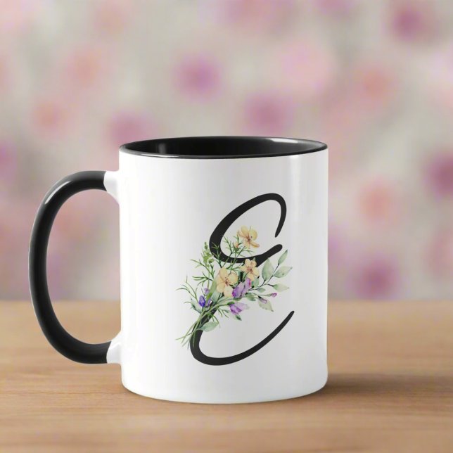 Black Initial Script "E" Watercolor Flowers Girly  Mug (Creator Uploaded)