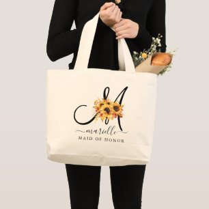 Black Initial Script Name Floral Bridesmaid Large  Tote Bag