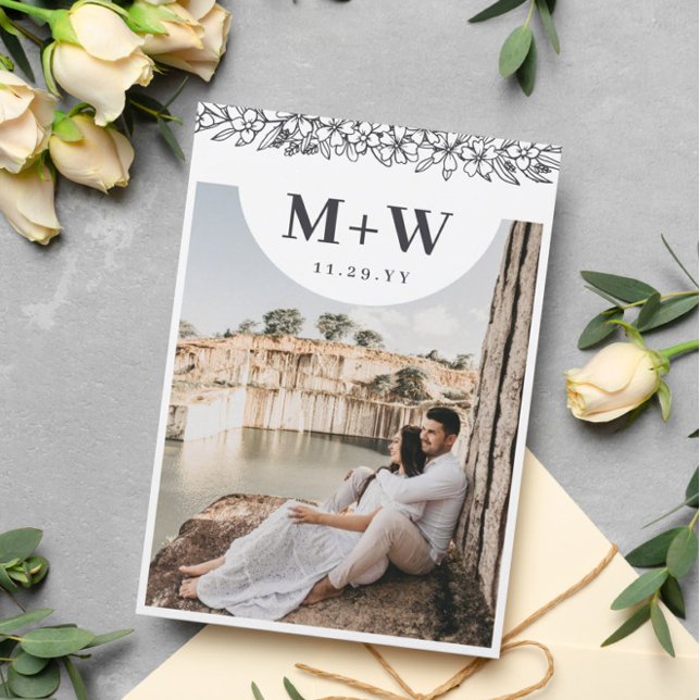 Black Initials & Flowers Modern Photo Double Sided Save The Date (Creator Uploaded)