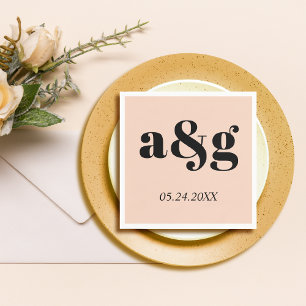 Black initials typography peach pink poppy wedding napkin