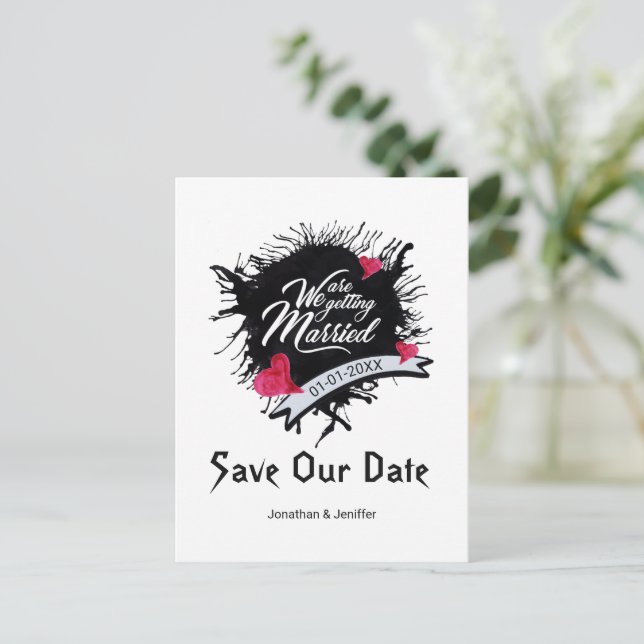 Black Ink and Pink Rose Gothic Save Our Date Announcement Postcard (Standing Front)
