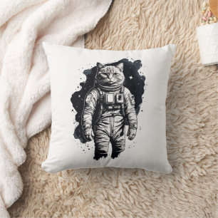 Black Ink Astronaut Cat Design Cushion