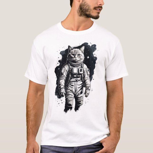 Black Ink Astronaut Cat Design T-Shirt (Front)