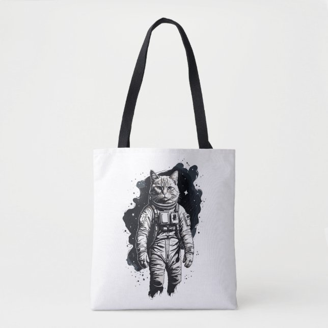 Black Ink Astronaut Cat Design Tote Bag (Front)