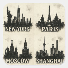 Black Ink City Skylines – New York, Paris, Moscow Square Sticker