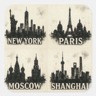 Black Ink City Skylines – New York, Paris, Moscow Square Sticker