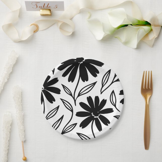 Black Ink Daisies Boho Bridal Shower Paper Plate (Wedding)