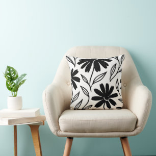 Black Ink Daisies Boho Cushion