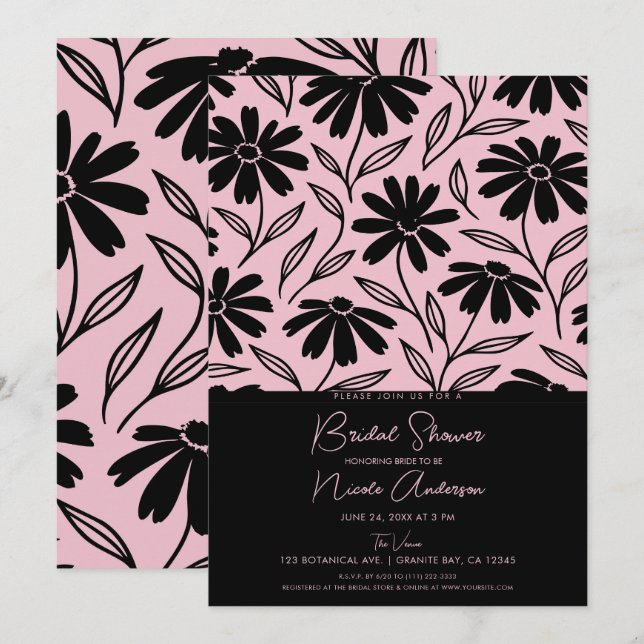 Black Ink Daisies Pink Boho Bridal Shower Invitation (Front/Back)