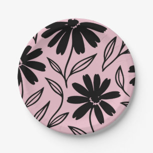Black Ink Daisies Pink Boho Bridal Shower Paper Plate